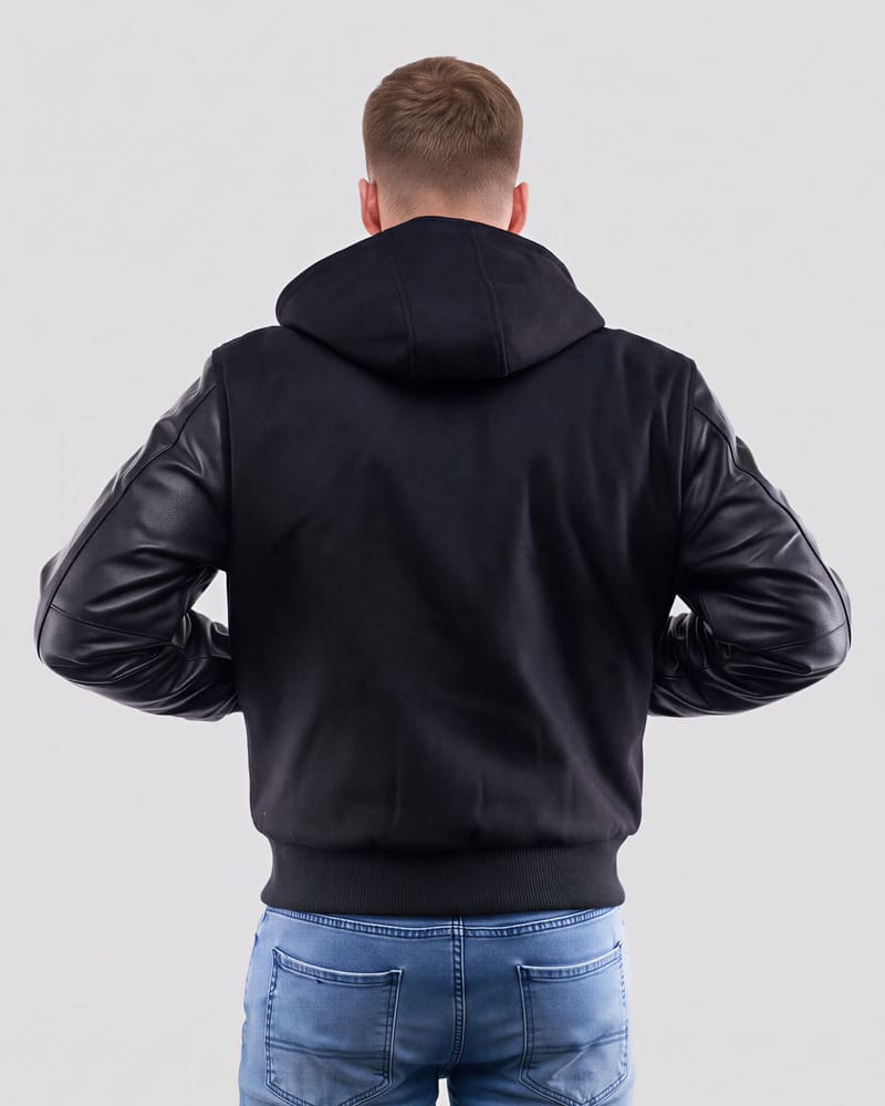 Black Wool Body & Black Faux Leather Sleeves Hoodie Letterman Jacket — back
