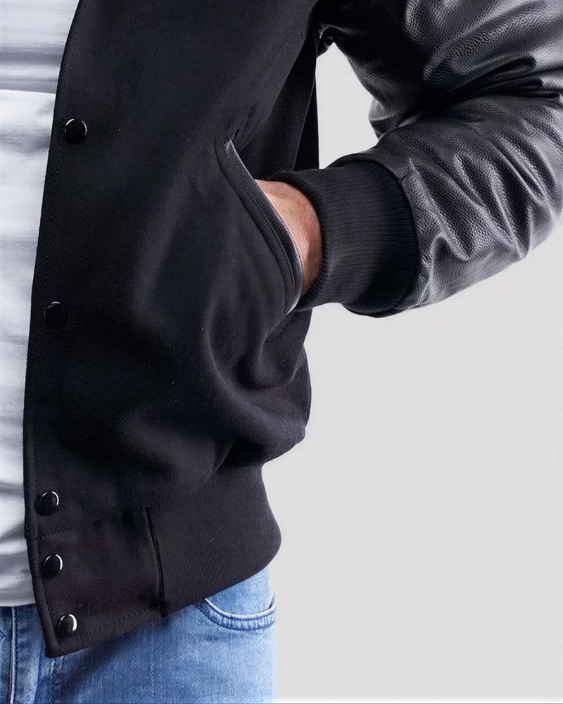 Black Wool Body & Black Faux Leather Sleeves Hoodie Letterman Jacket — cuff