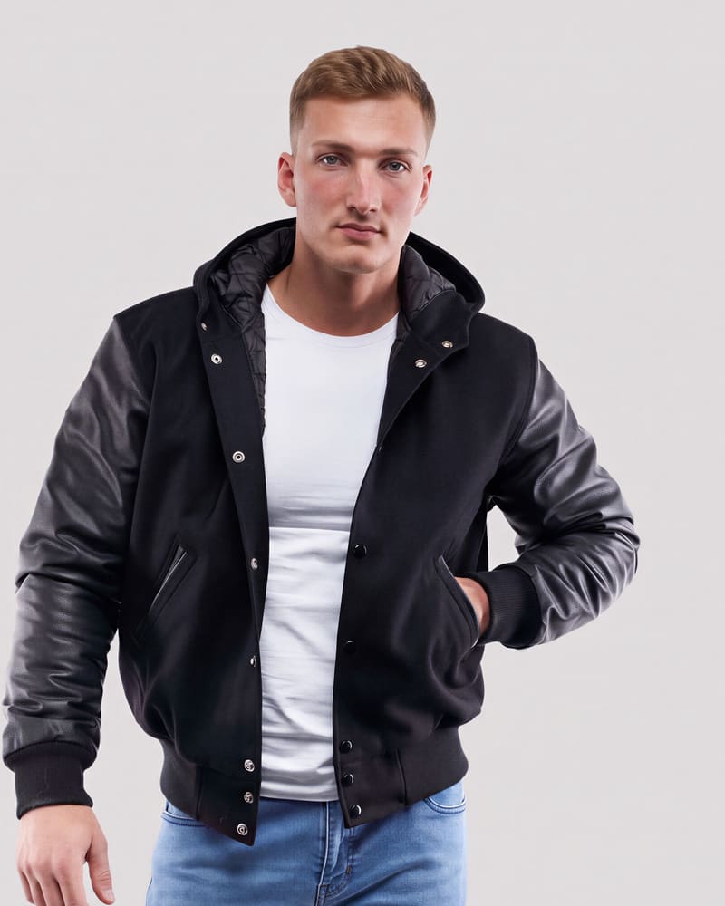 Black Wool Body & Black Faux Leather Sleeves Hoodie Letterman Jacket — front