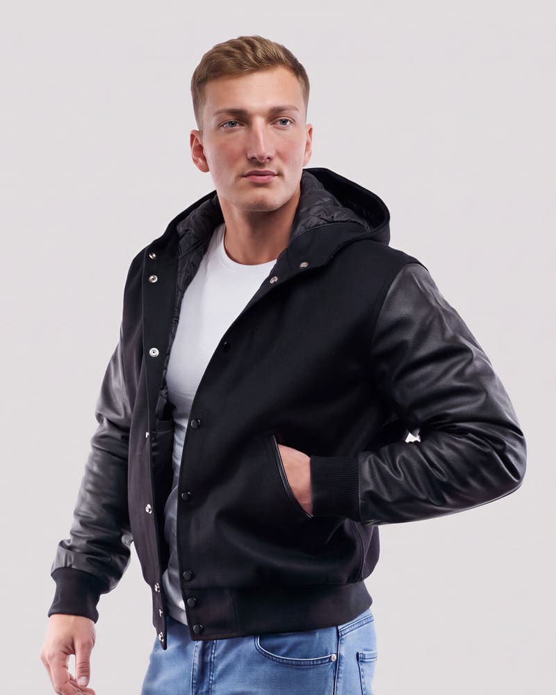 Black Wool Body & Black Faux Leather Sleeves Hoodie Letterman Jacket — three quarter