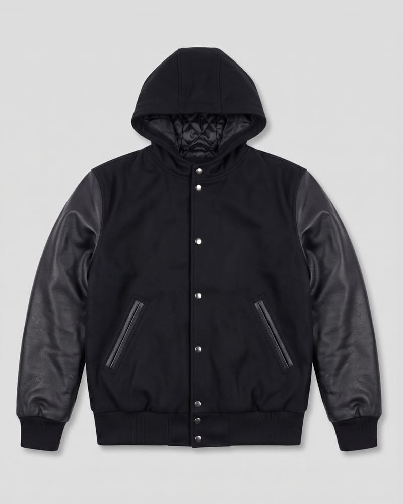 Black Wool Body & Black Leather Sleeves Hoodie Letterman Jacket — flat lay