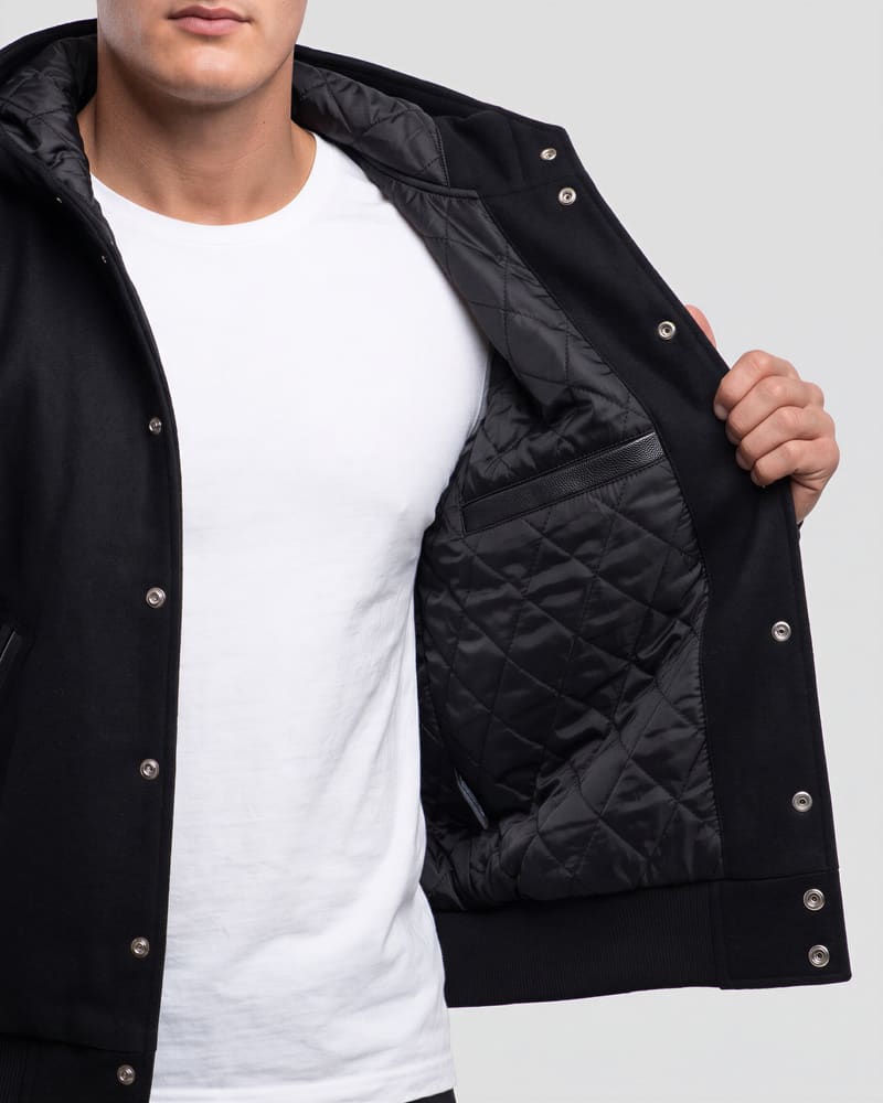Black Wool Body & Black Leather Sleeves Hoodie Letterman Jacket — lining