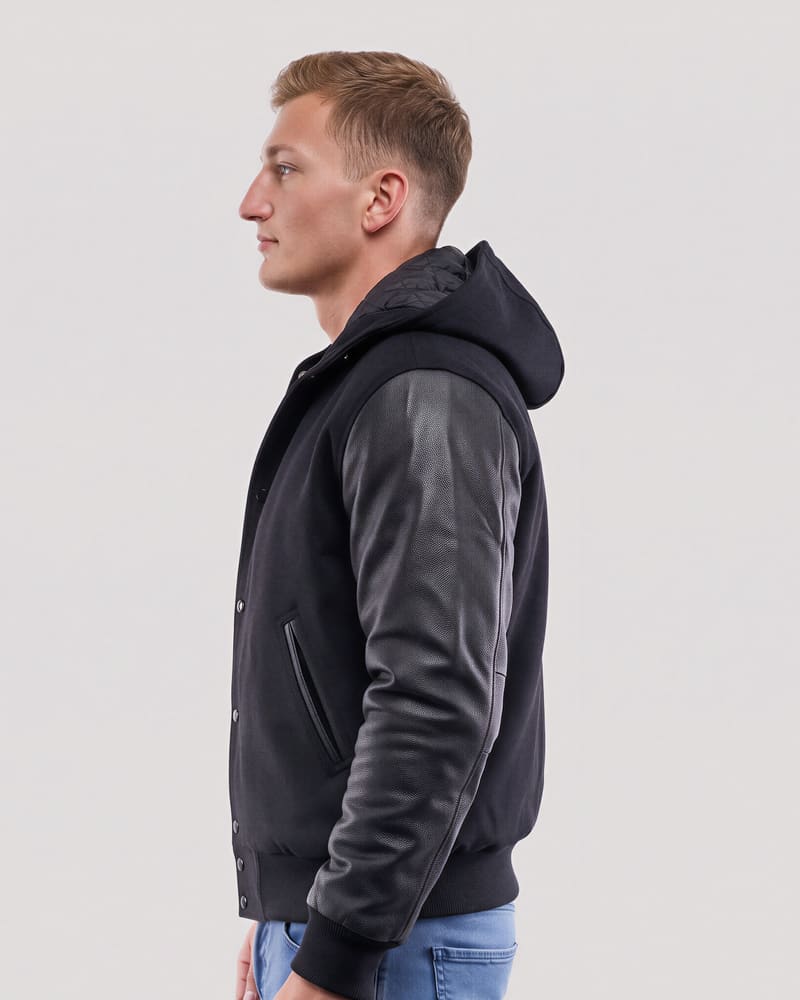 Black Wool Body & Black Leather Sleeves Hoodie Letterman Jacket — profile