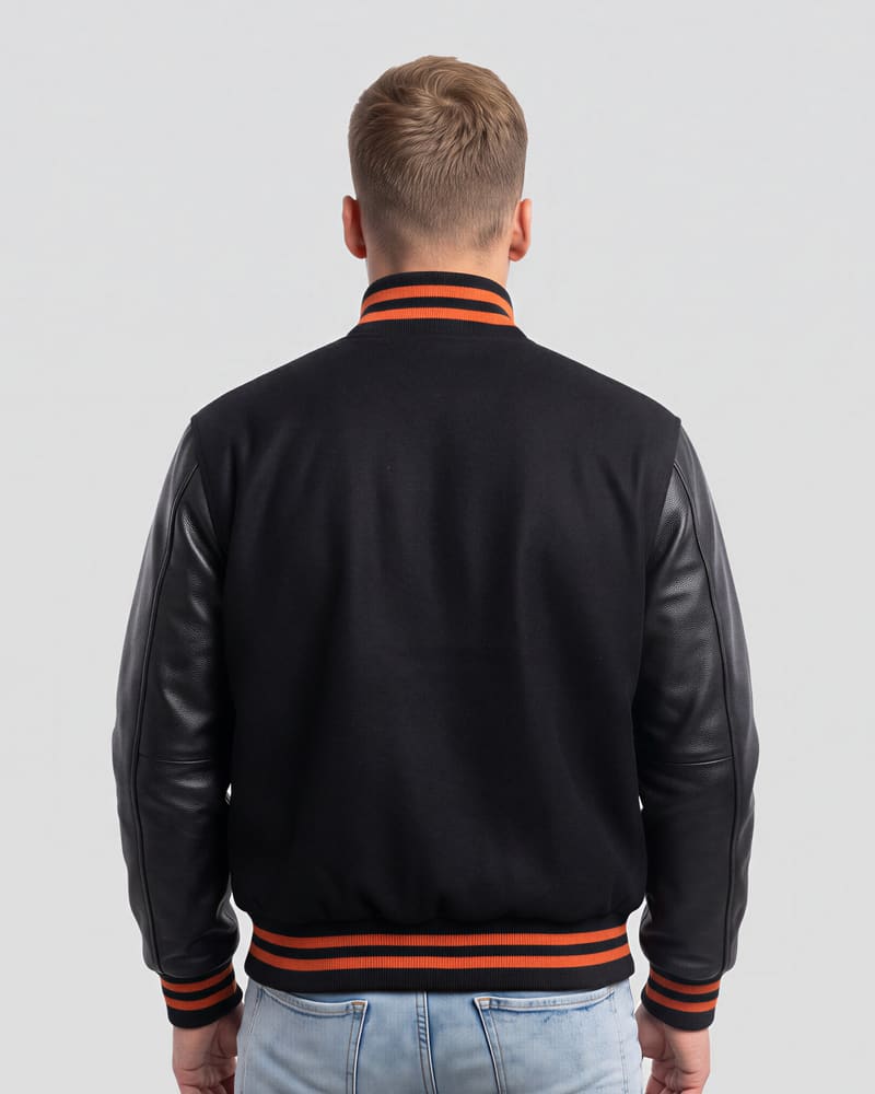 Black Wool Body & Black Leather Sleeves with Orange Stripes Letterman Jacket — back