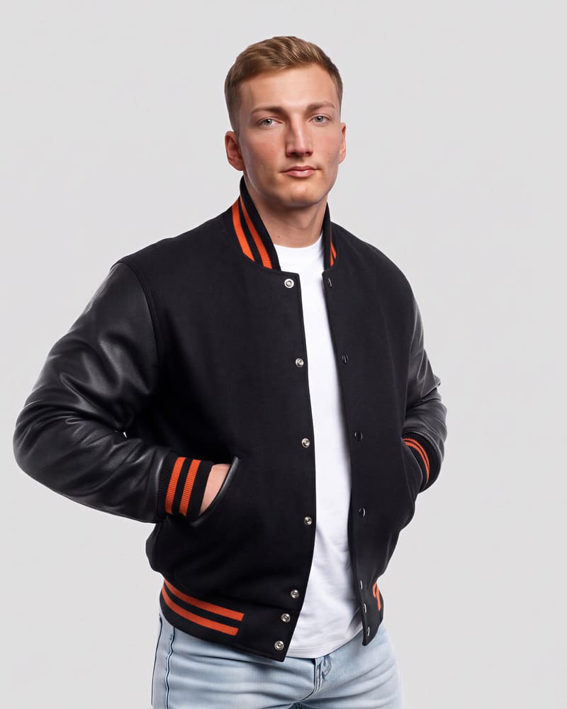 Black Wool Body & Black Leather Sleeves with Orange Stripes Letterman Jacket — front