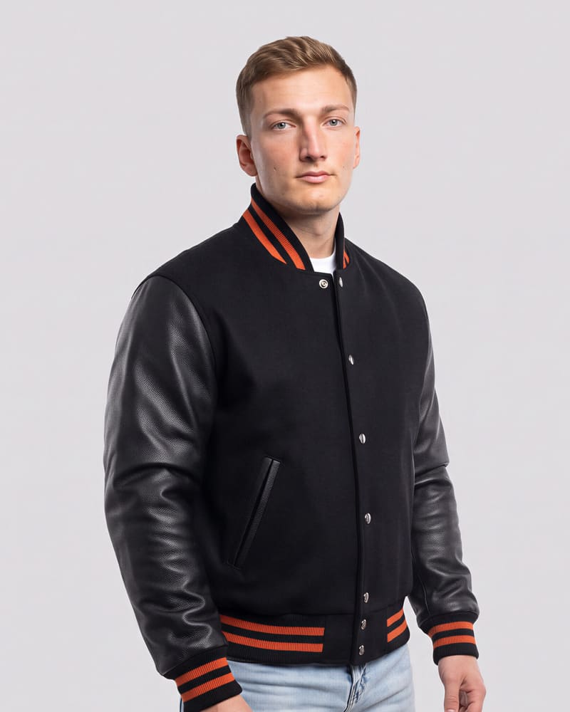 Black Wool Body & Black Leather Sleeves with Orange Stripes Letterman Jacket — three quarter