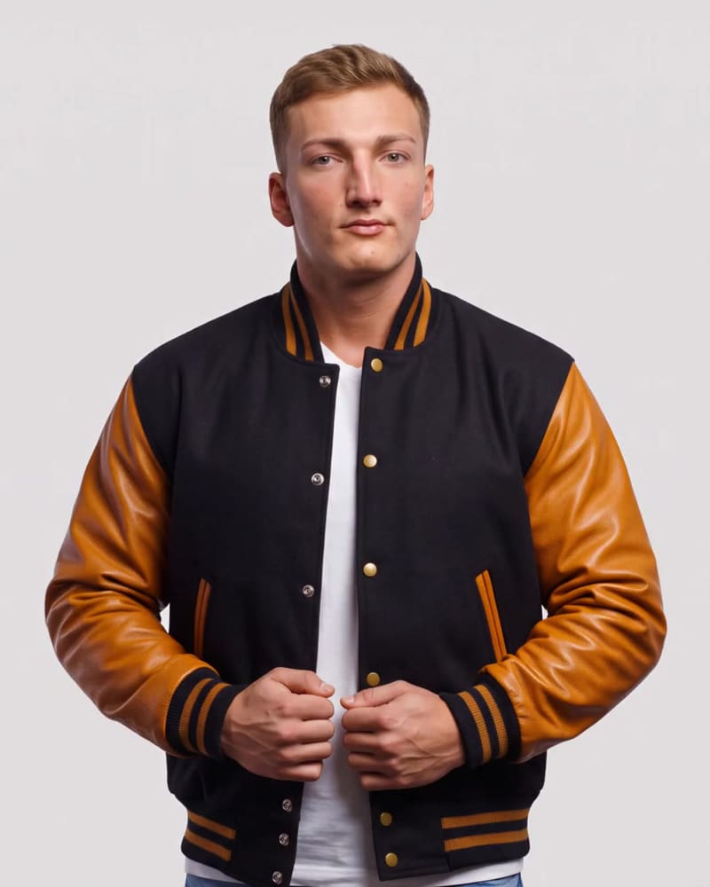 Black Wool & Old Gold Genuine Leather Varsity Letterman Jacket — 360° view