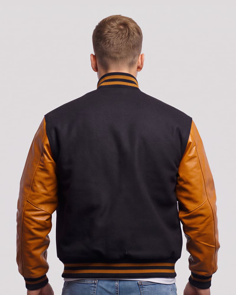 Black Wool & Old Gold Genuine Leather Varsity Letterman Jacket — back