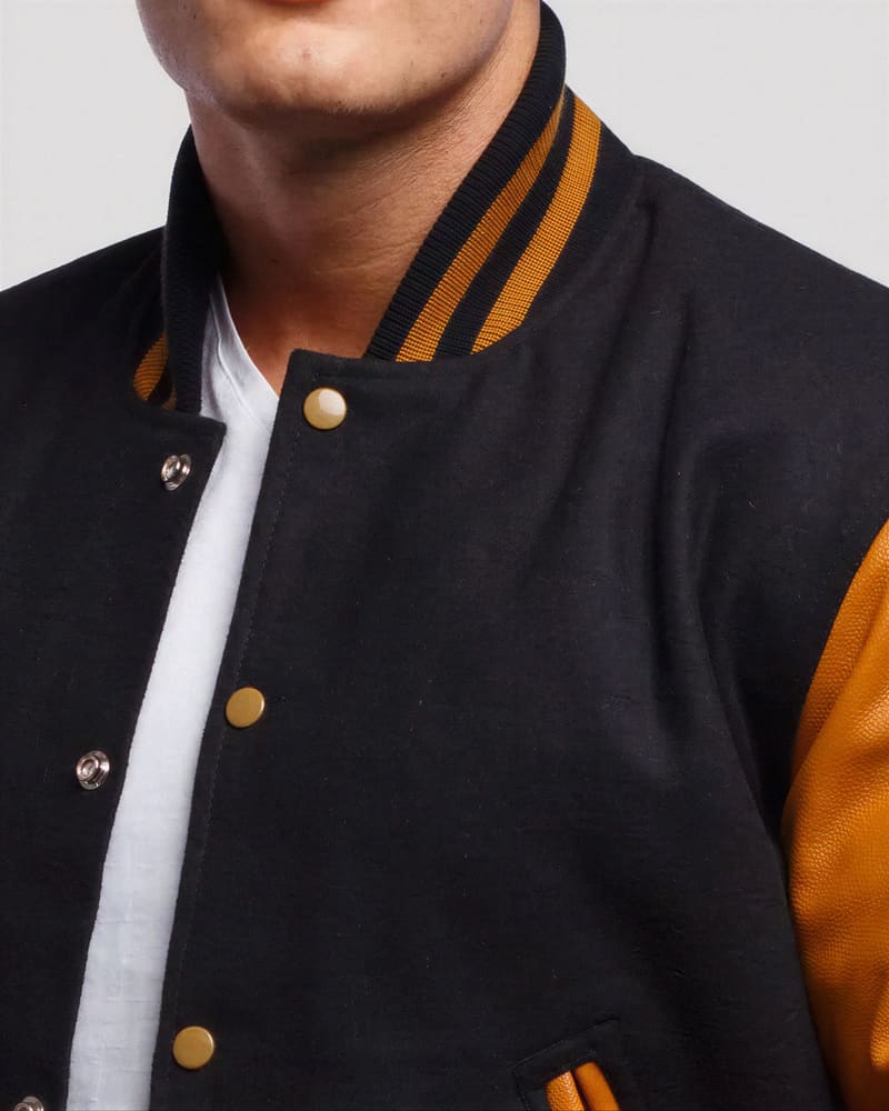 Black Wool & Old Gold Genuine Leather Varsity Letterman Jacket — collar