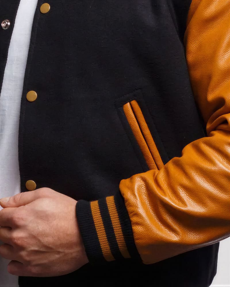 Black Wool & Old Gold Genuine Leather Varsity Letterman Jacket — cuff