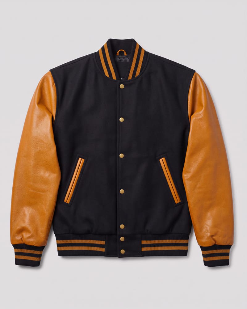 Black Wool & Old Gold Genuine Leather Varsity Letterman Jacket — flat lay