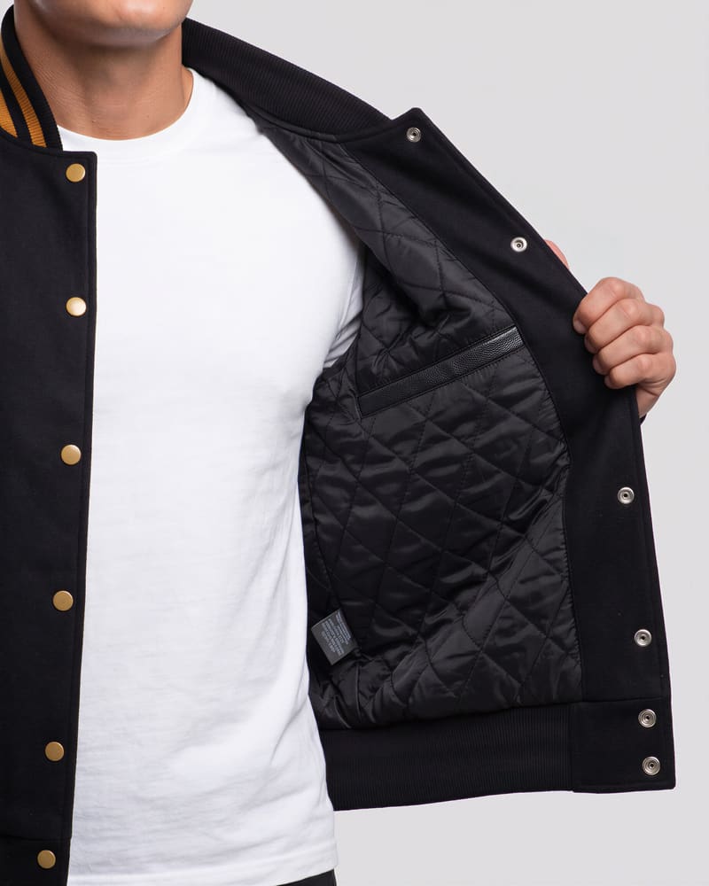 Black Wool & Old Gold Genuine Leather Varsity Letterman Jacket — lining