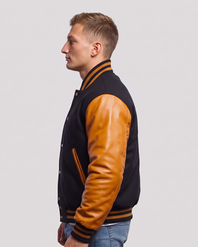 Black Wool & Old Gold Genuine Leather Varsity Letterman Jacket — profile