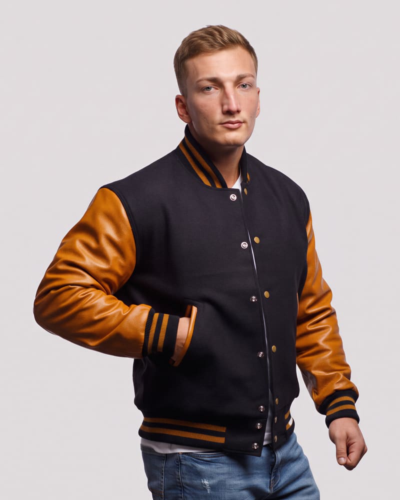 Black Wool & Old Gold Genuine Leather Varsity Letterman Jacket — three quarter