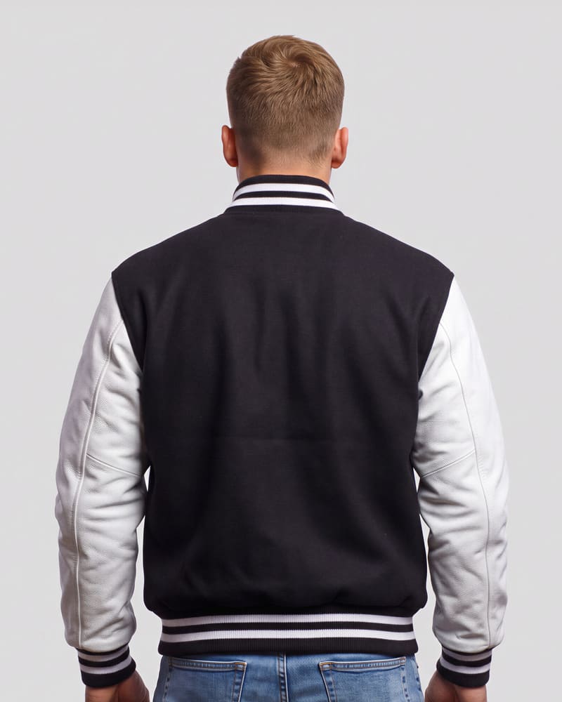 Black Wool & White Genuine Leather Varsity Letterman Jacket — back