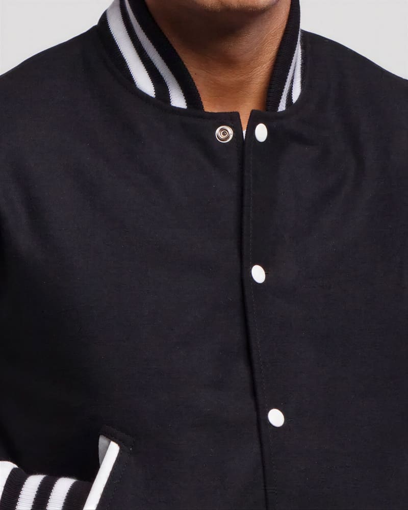 Black Wool & White Genuine Leather Varsity Letterman Jacket — collar