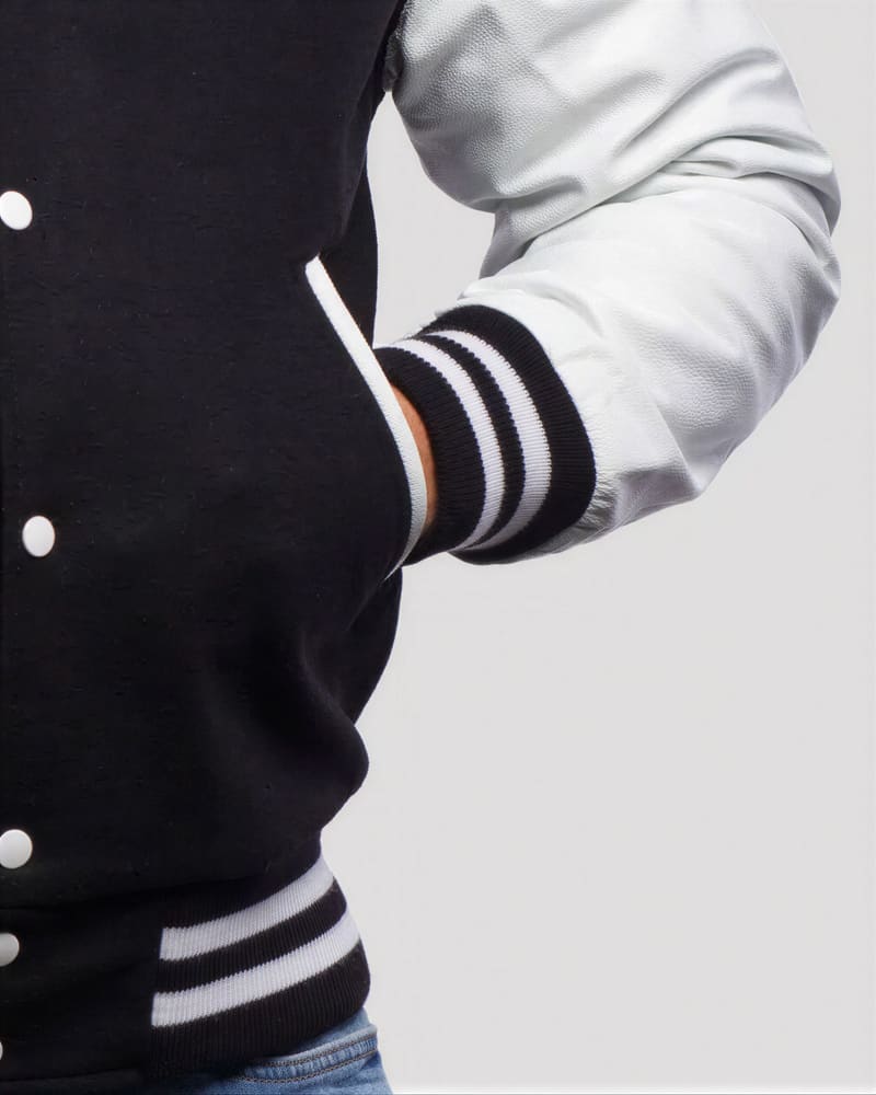 Black Wool & White Genuine Leather Varsity Letterman Jacket — cuff