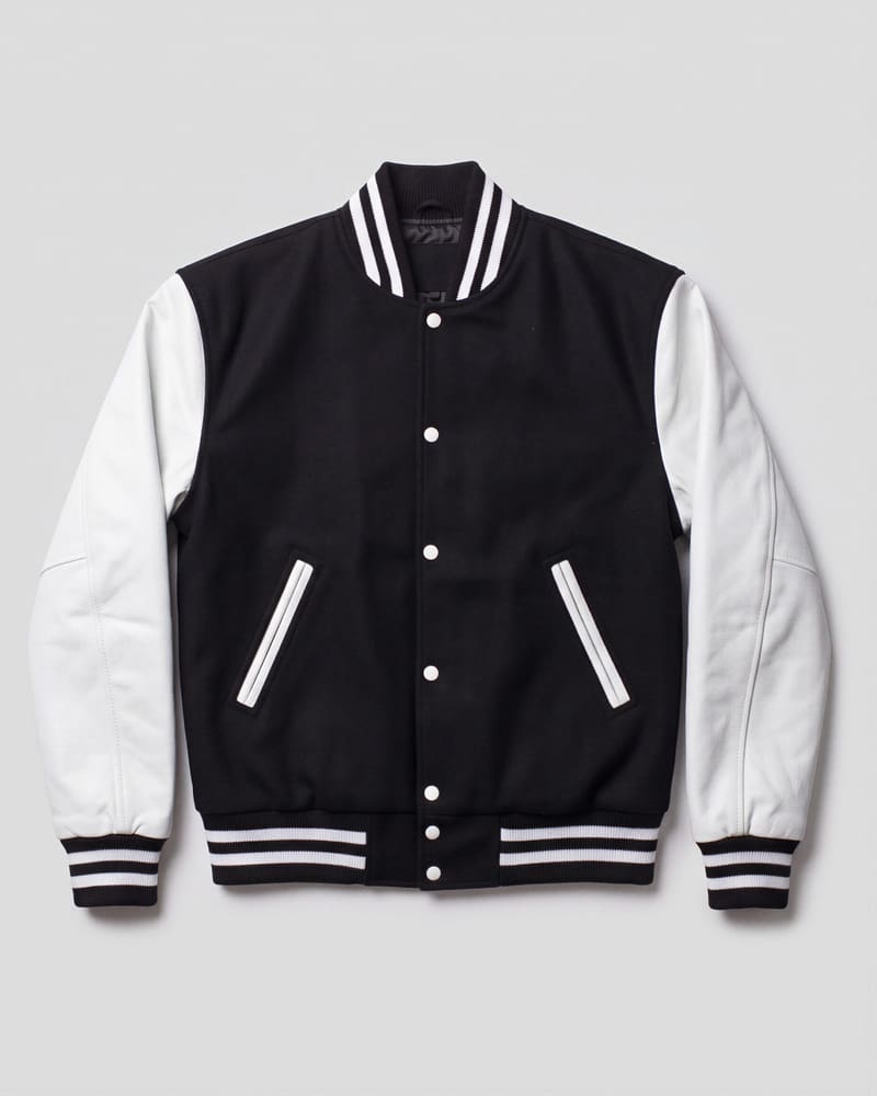 Black Wool & White Genuine Leather Varsity Letterman Jacket — flat lay