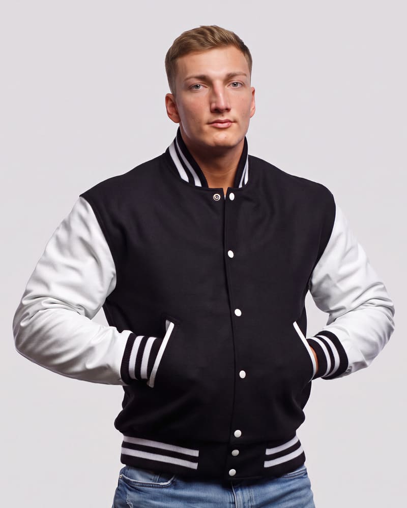 Black Wool & White Genuine Leather Varsity Letterman Jacket — front