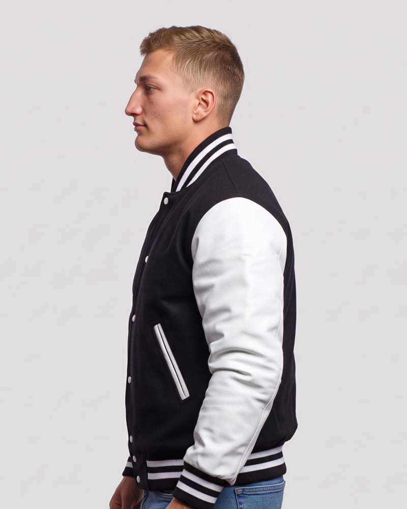 Black Wool & White Genuine Leather Varsity Letterman Jacket — profile