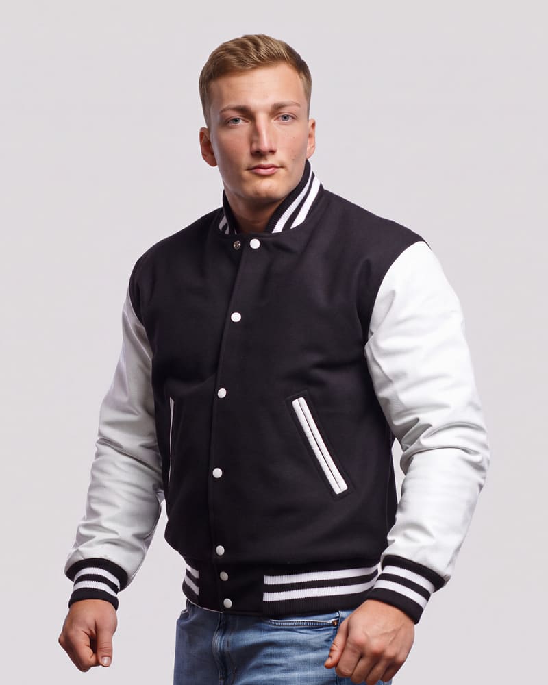 Black Wool & White Genuine Leather Varsity Letterman Jacket — three quarter