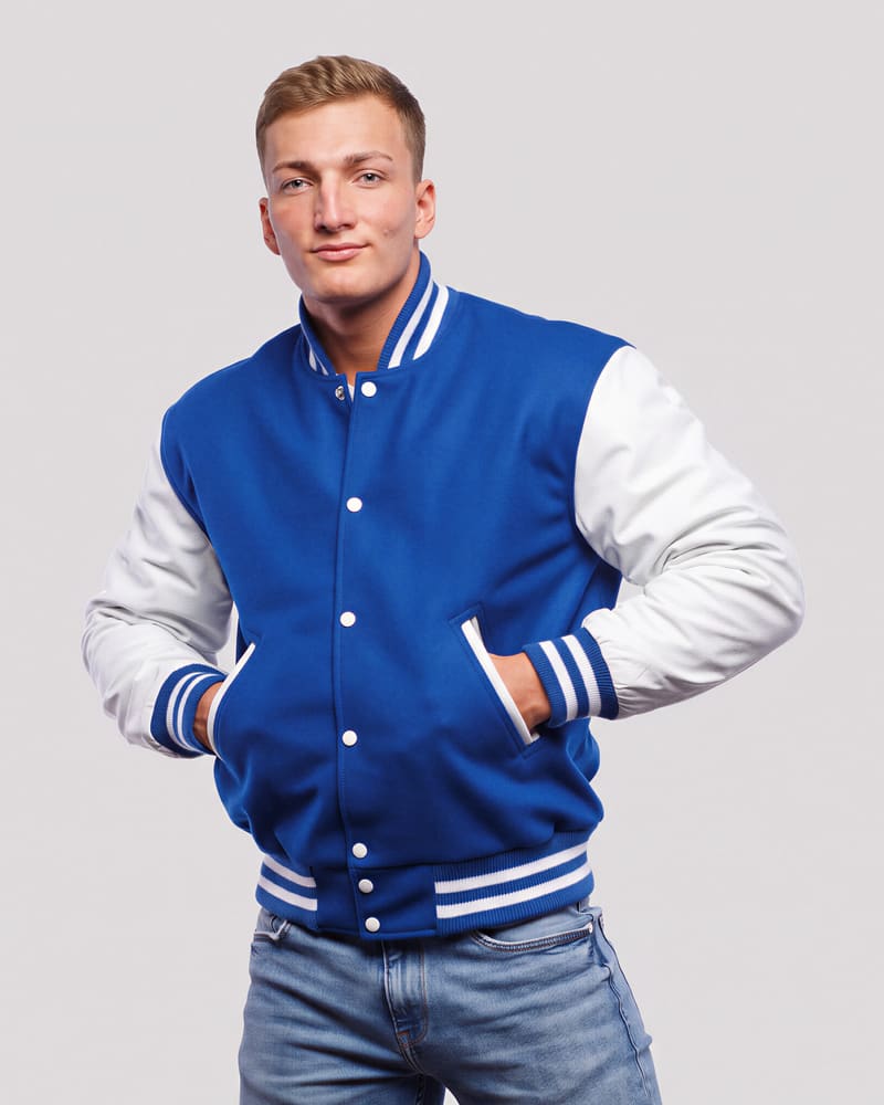 Bright Royal Wool Body & White Faux Leather Sleeves Letterman Jacket — front