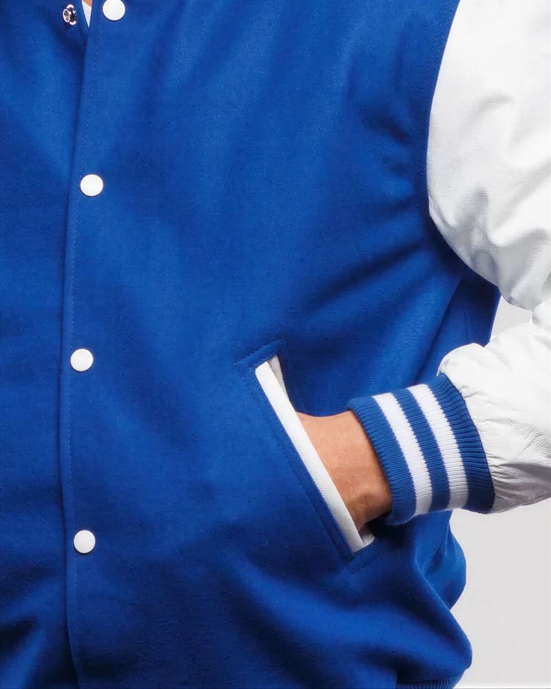 Bright Royal Blue Wool & Bright White Genuine Leather Varsity Letterman Jacket — cuff