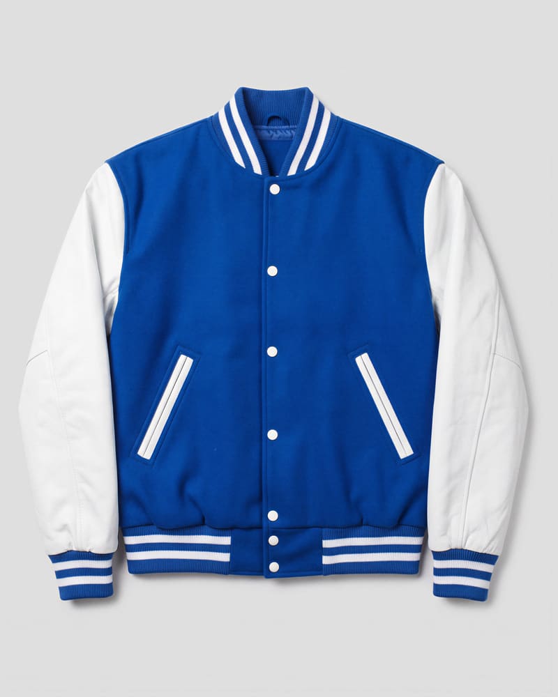 Bright Royal Blue Wool & Bright White Genuine Leather Varsity Letterman Jacket — flat lay