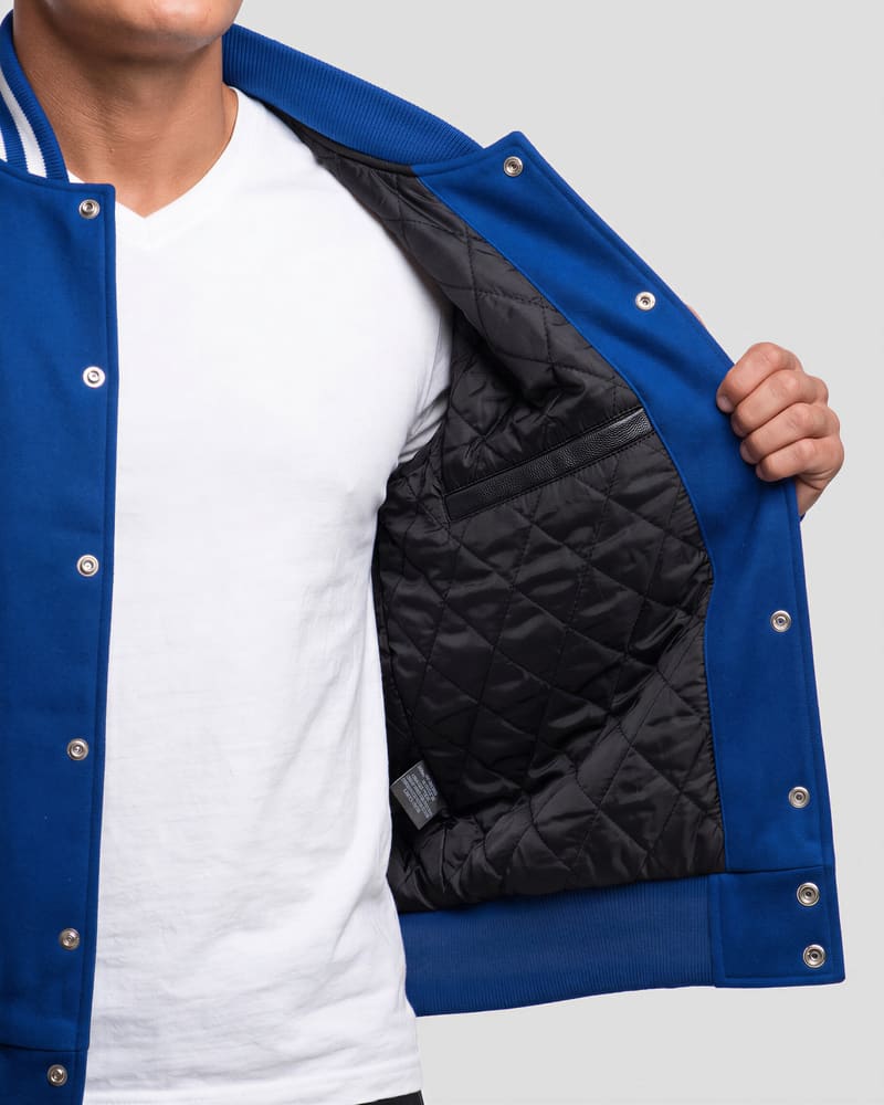 Bright Royal Blue Wool & Bright White Genuine Leather Varsity Letterman Jacket — lining