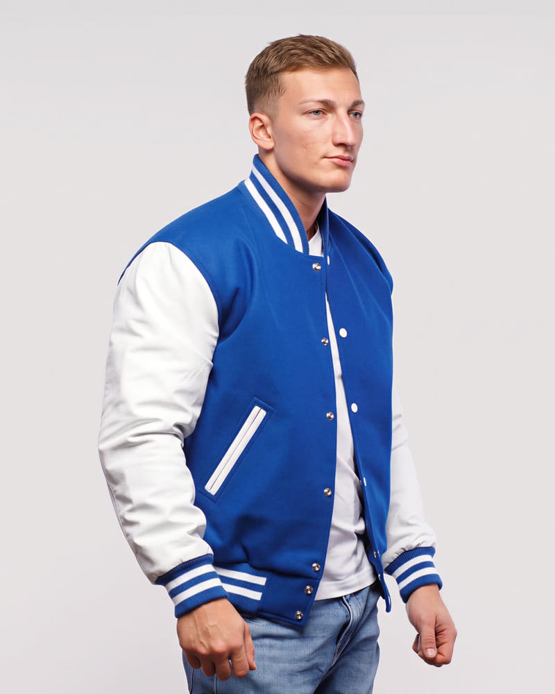 Bright Royal Blue Wool & Bright White Genuine Leather Varsity Letterman Jacket — three quarter