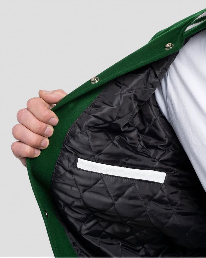 Kelly Green Wool Body & White Faux Leather Sleeves Letterman Jacket — lining