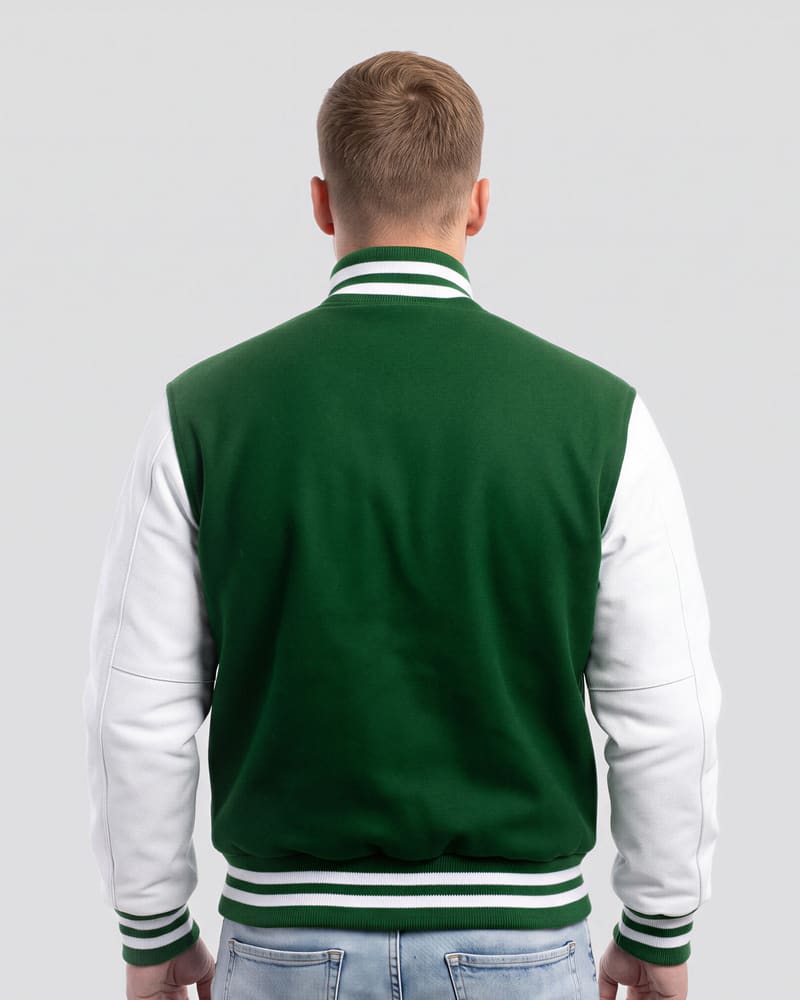 Kelly Green Wool Body & Bright White Leather Sleeves Letterman Jacket — back