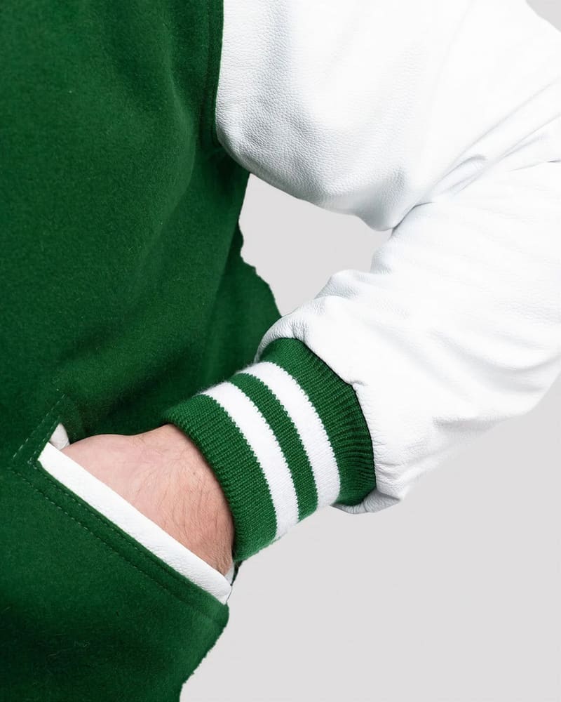 Kelly Green Wool Body & Bright White Leather Sleeves Letterman Jacket — cuff