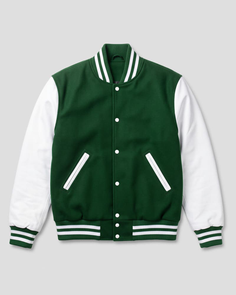Kelly Green Wool Body & Bright White Leather Sleeves Letterman Jacket — flat lay