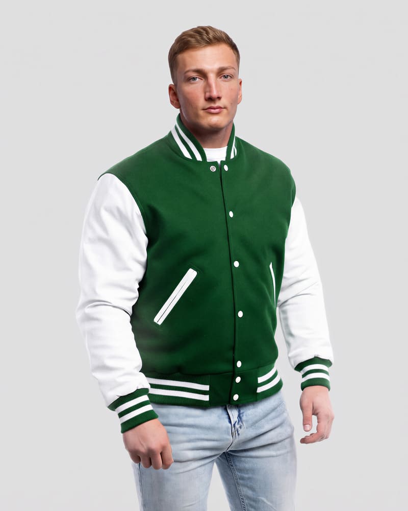 Kelly Green Wool Body & Bright White Leather Sleeves Letterman Jacket — front