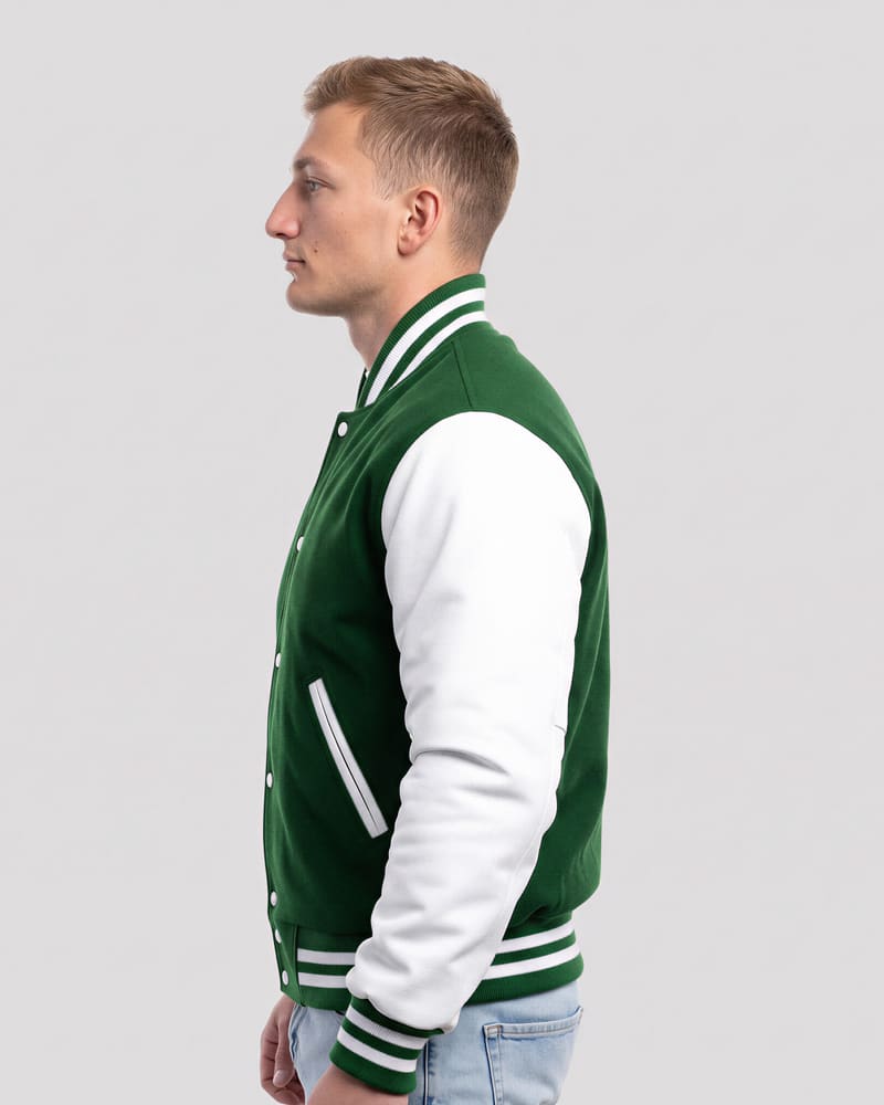 Kelly Green Wool Body & Bright White Leather Sleeves Letterman Jacket — profile