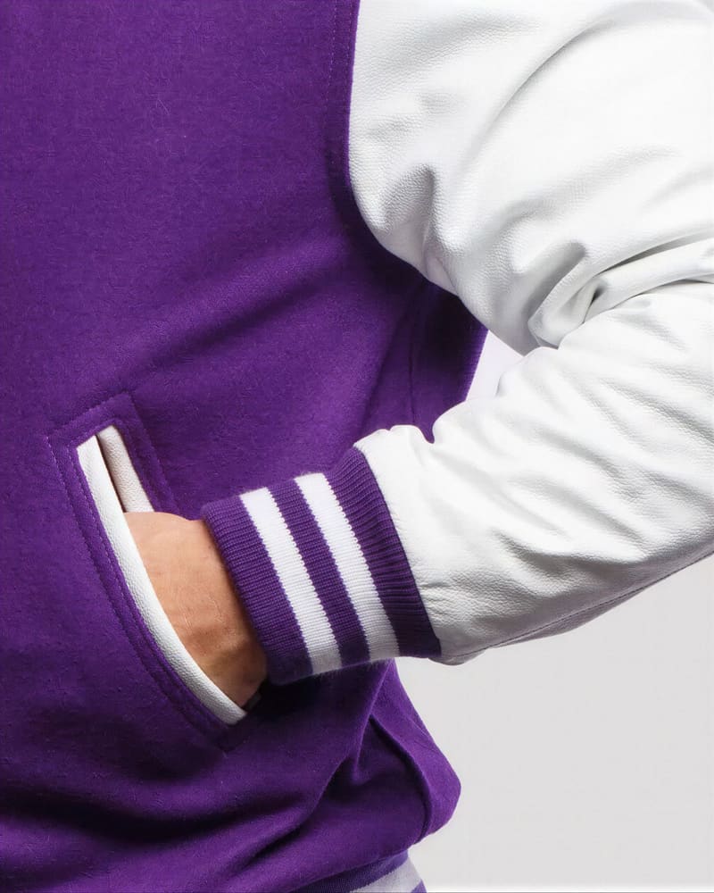 Purple Wool Body & White Faux Leather Sleeves Letterman Jacket — cuff