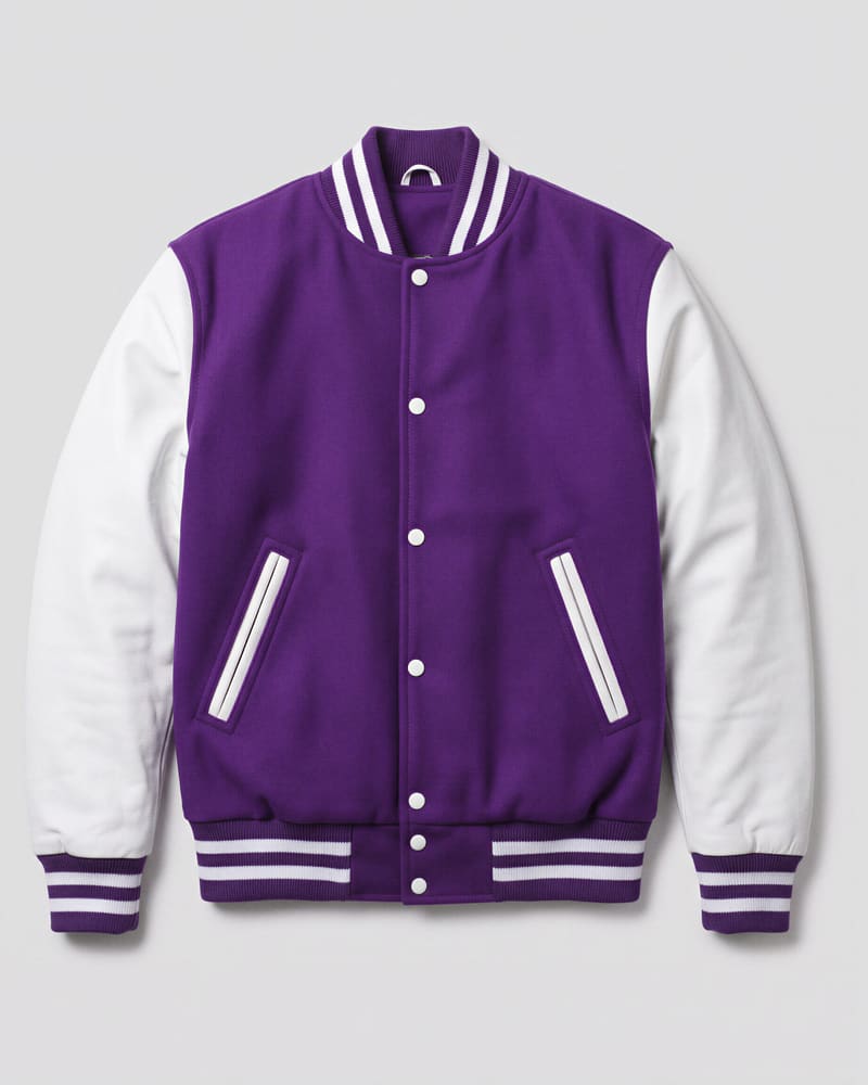 Purple Wool Body & White Faux Leather Sleeves Letterman Jacket — flat lay