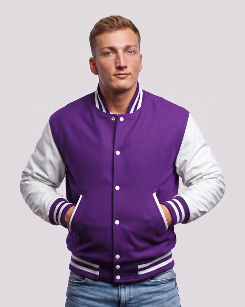 Purple Wool Body & White Faux Leather Sleeves Letterman Jacket — front