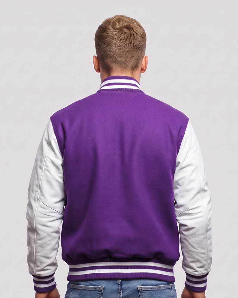 Purple Wool Body & Bright White Leather Sleeves Letterman Jacket — back
