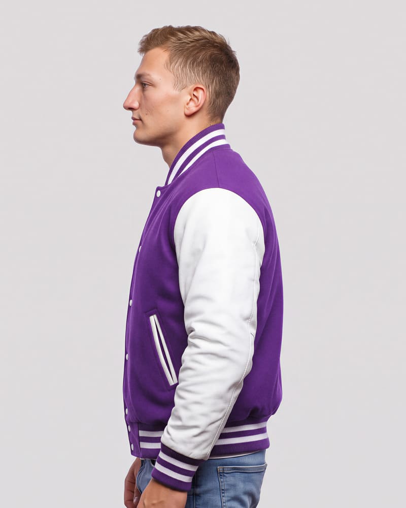 Purple Wool Body & Bright White Leather Sleeves Letterman Jacket — profile