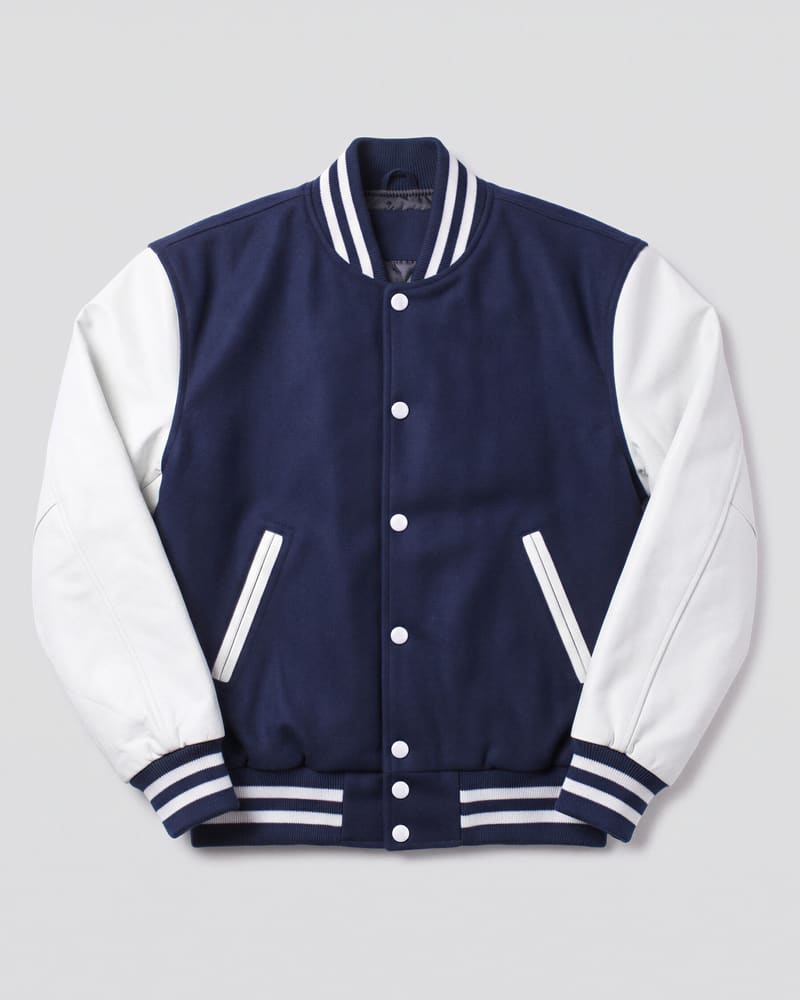 Royal Blue Wool Body & White Faux Leather Sleeves Letterman Jacket — flat lay
