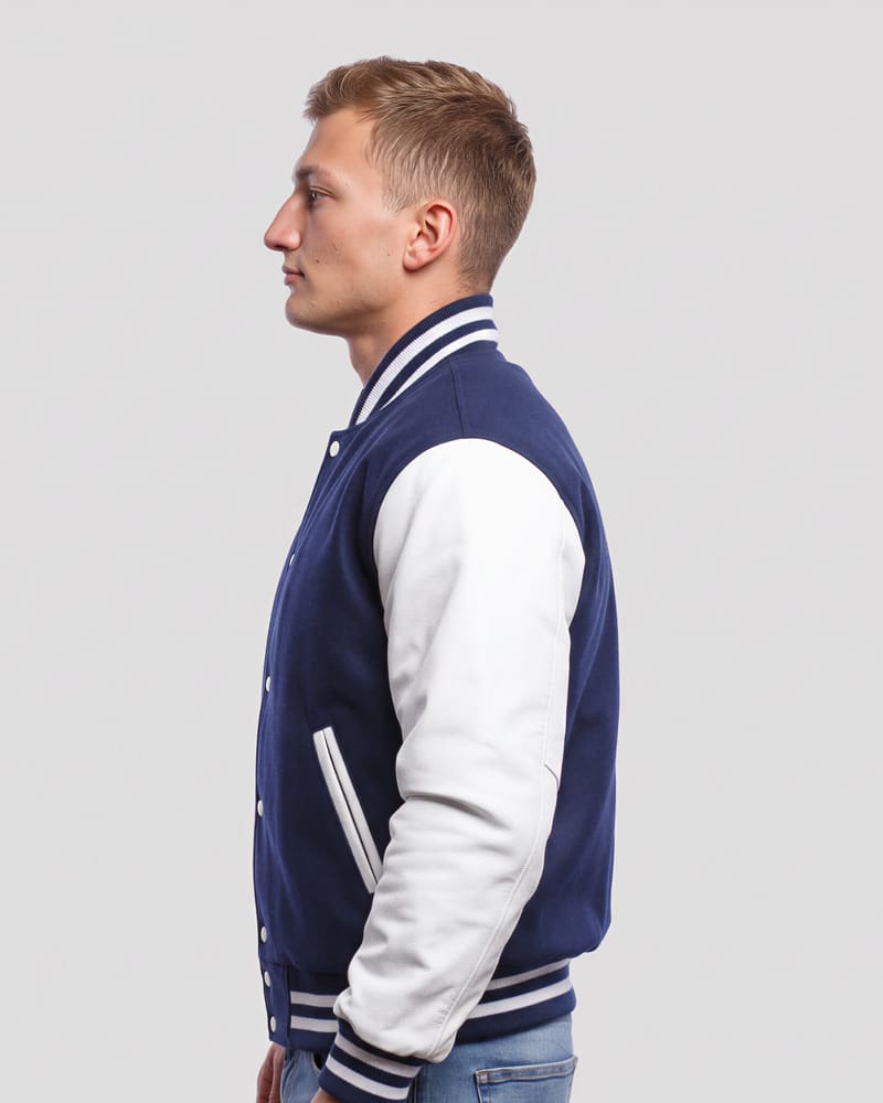 Royal Blue Wool Body & White Faux Leather Sleeves Letterman Jacket — profile