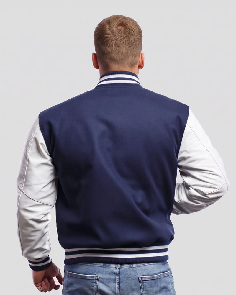 Royal Blue Wool Body & Bright White Leather Sleeves Letterman Jacket — back