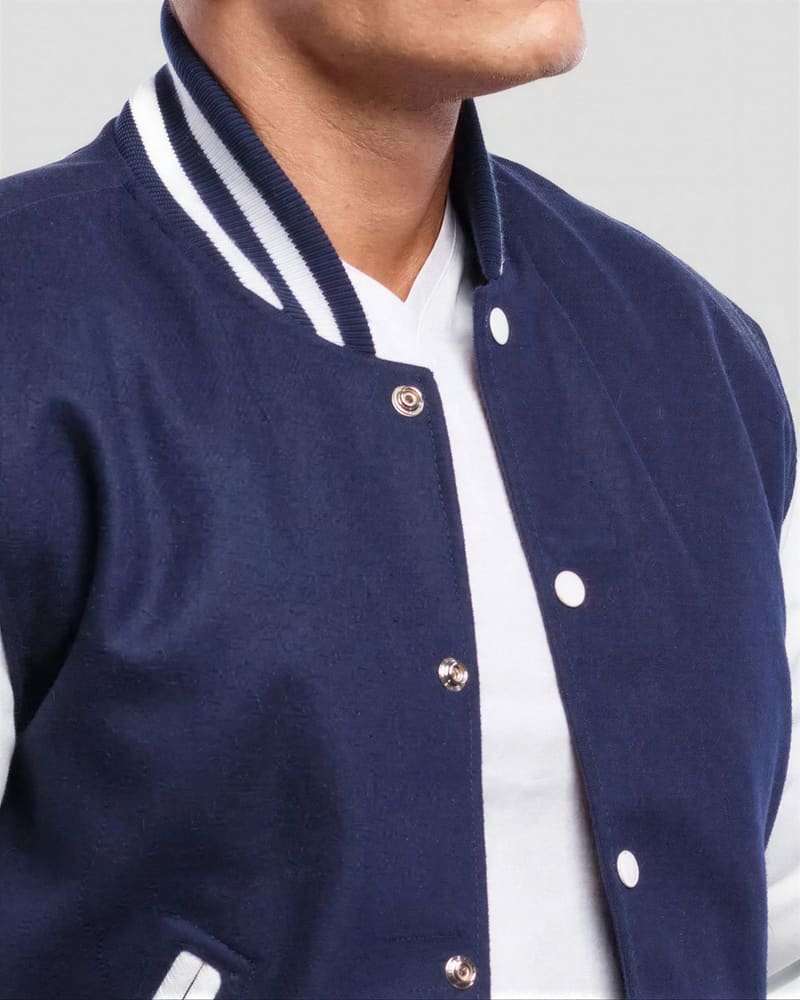 Royal Blue Wool Body & Bright White Leather Sleeves Letterman Jacket — collar