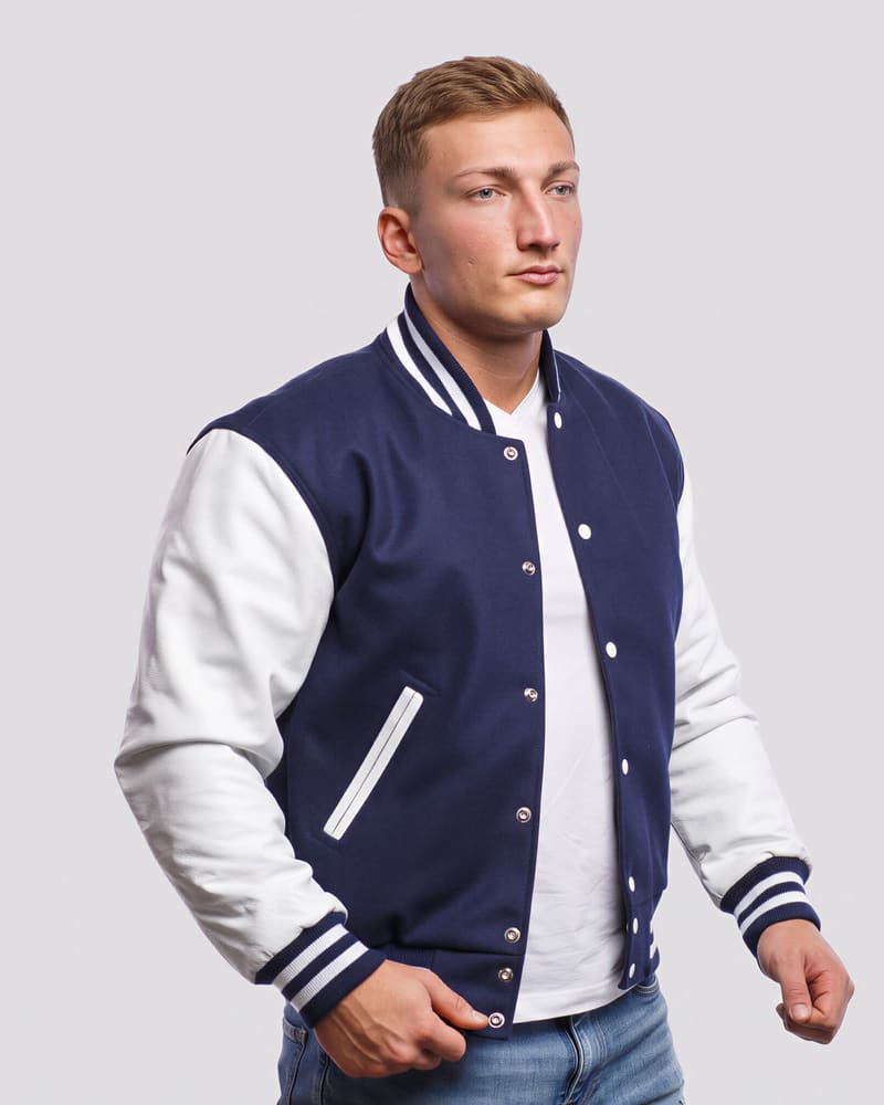 Royal Blue Wool Body & Bright White Leather Sleeves Letterman Jacket — three quarter