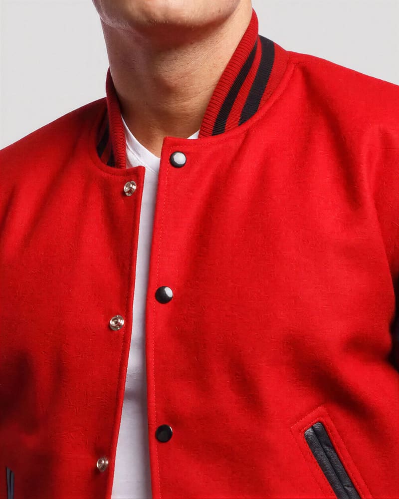 Scarlet Red Wool Body & Black Faux Leather Sleeves Letterman Jacket — collar