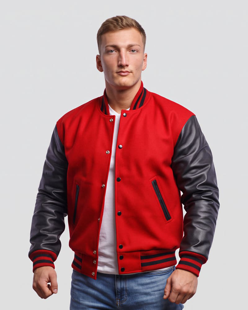 Scarlet Red Wool Body & Black Faux Leather Sleeves Letterman Jacket — front