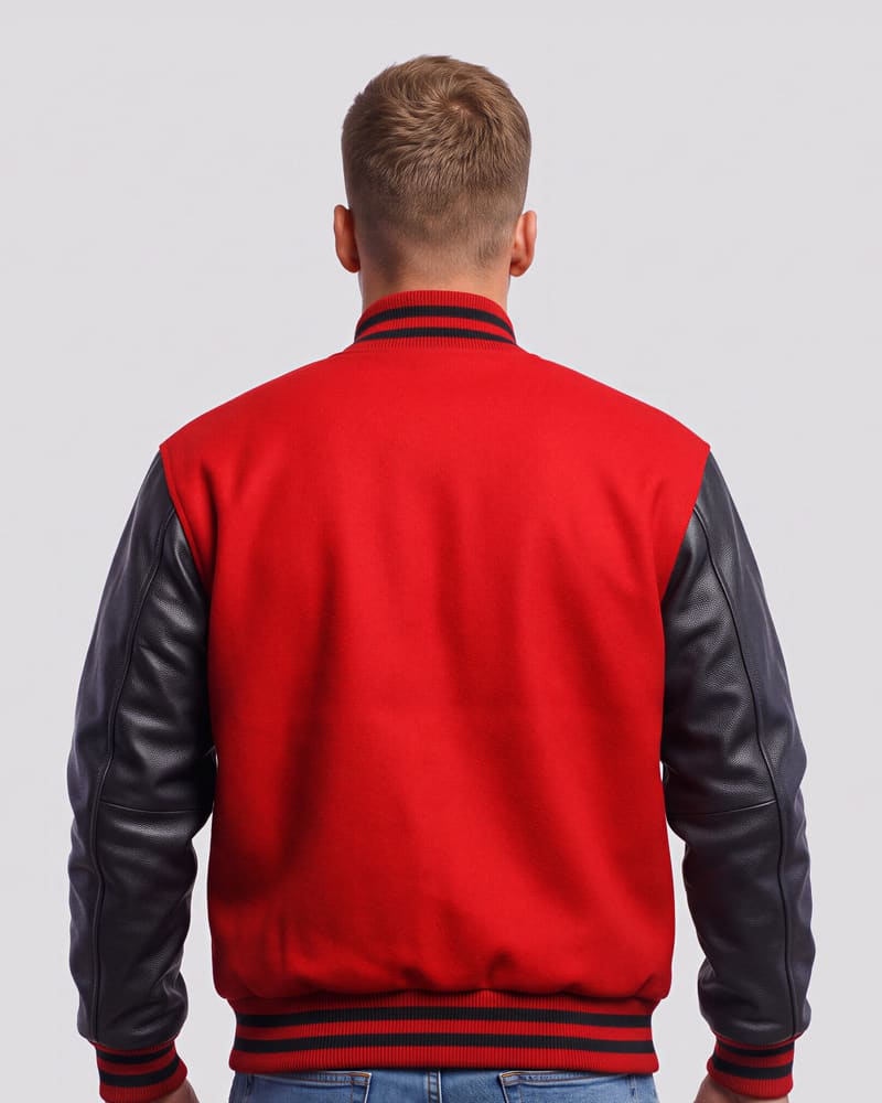 Scarlet Red Wool & Black Genuine Leather Varsity Letterman Jacket — back