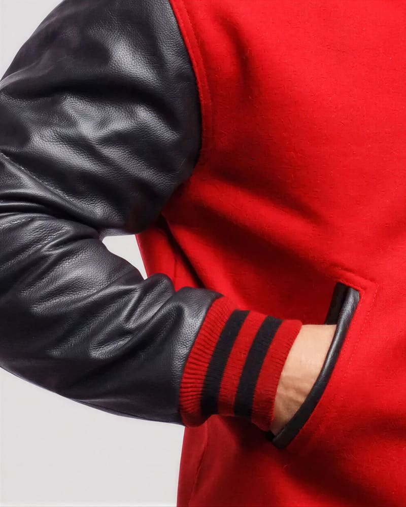 Scarlet Red Wool & Black Genuine Leather Varsity Letterman Jacket — cuff